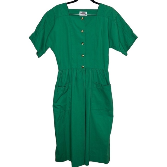 VTG 60s 70s Lanz Originals Green Pleated Button Dress Sz 11/12 - Picture 1 of 5